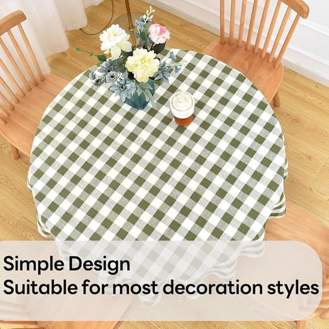 Gingham Table Cloth for Round Tables Green Checkered Plaid Tablecloth Heavy Duty Cotton Blend Washable & Wrinkle Table Cover for Outdoor Kitchen Dining Picnic Camping (60 inch Diameter)
