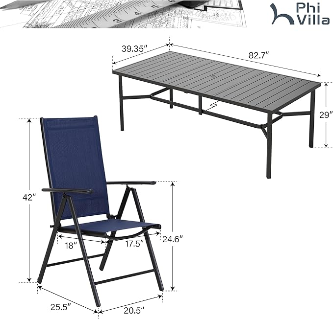 PHI VILLA 9 Piece Patio Dining Set, Patio Furniture Outdoor Dining Set with Adjustable Portable Patio Folding Chairs (Blue) & Large Patio Dining Table for Yard, Garden and Deck
