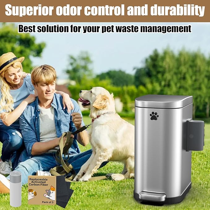 Dog Poop Trash Can Outside with Odor Control Lid & Step Pedal, 3.2Gal Stainless Steel Outdoor Trash Can, Waterproof Dog Waste Container Station - Includes Carbon Filters & Paw Stickers