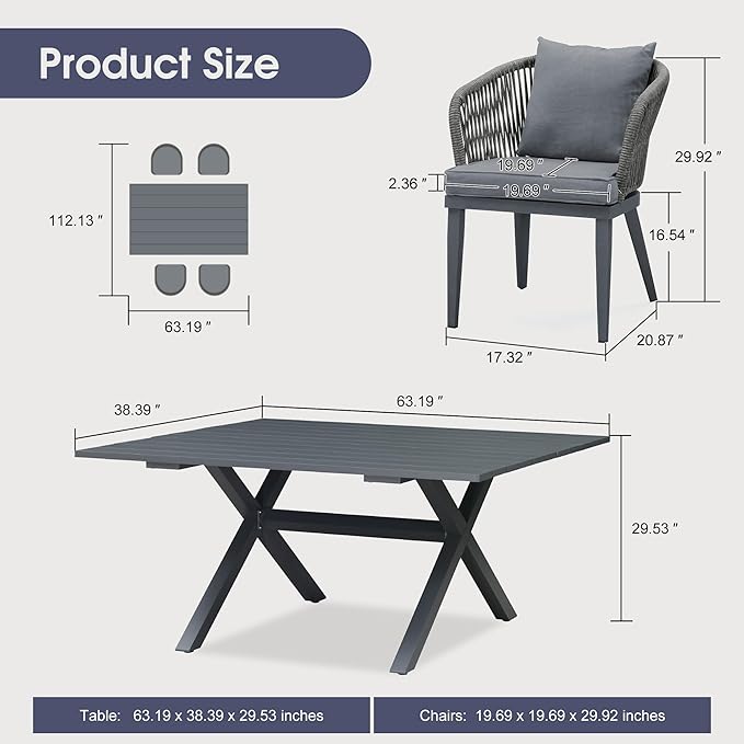 PURPLE LEAF 5 Pieces Patio Dining Set Wicker Outdoor Furniture Rectangular Table and Chairs Set for Garden Deck Aluminum Frame Backyard Kitchen Set, Cushions and Pillows Included Grey