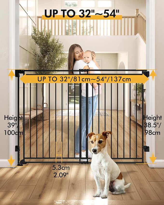 Baby Gate for Stairs Doorways & Kitchen, Extra Wide 32"-54" W x Extra Tall 39" H, No Bottom Bar Dog Gate, One-Handed Auto-Close, Hardware Mount Safety Gate for Dogs & Toddlers, Black