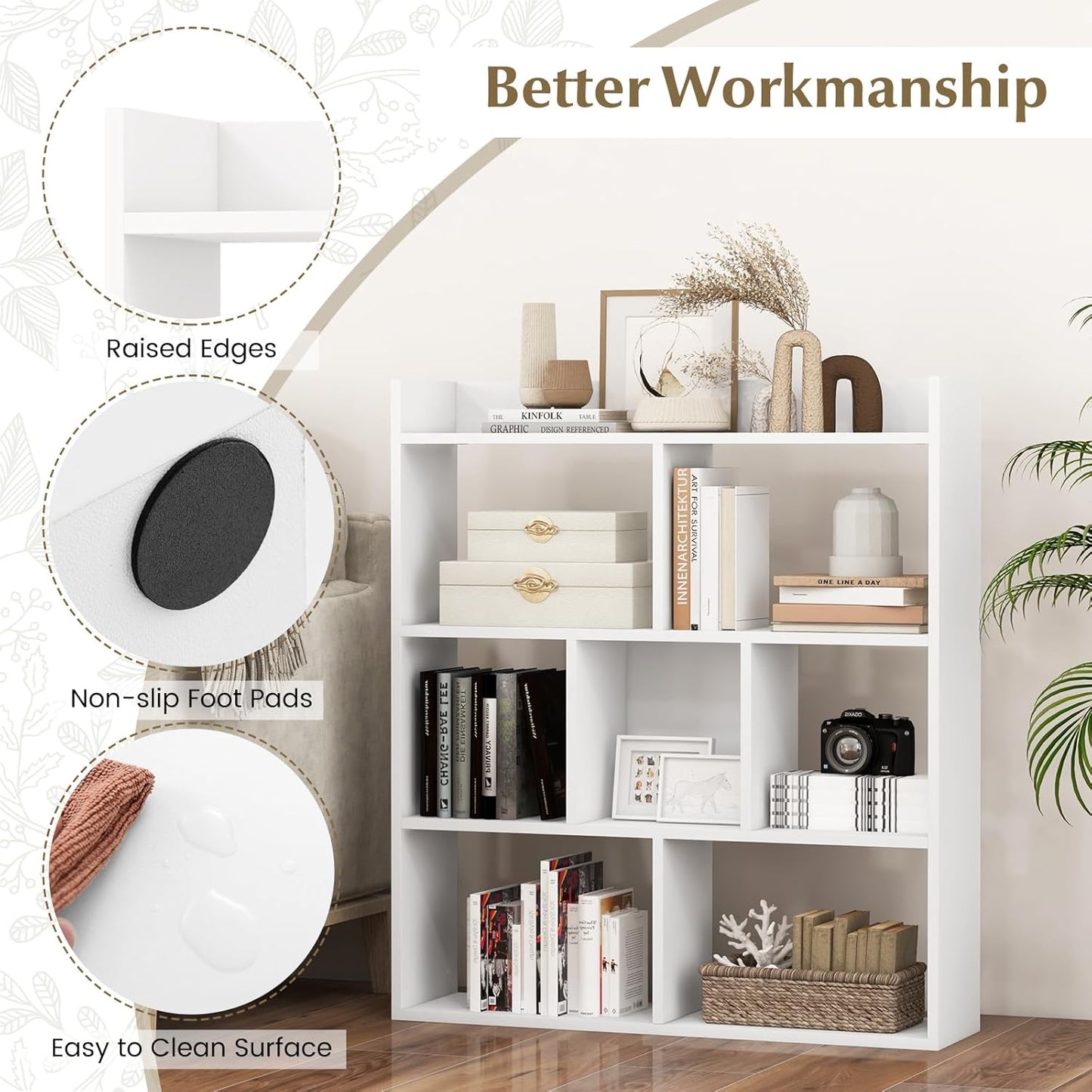 Giantex 7 Cube Bookshelf of 2, Free-Standing Wooden Bookcase, 4 Tier Home Display Shelf, Horizontal Storage Unit w/Anti-Toppling Devices, Open-Back Display Rack for Study, Living Room, White