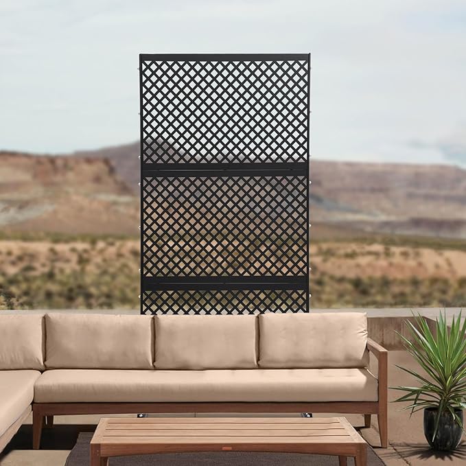 Outdoor Metal Privacy Screen with Stand, 35.4" W x 75" H Freestanding Metal Slatted Decorative Privacy Screen and Panels for Patio Garden Balcony Porch (Black Grill)