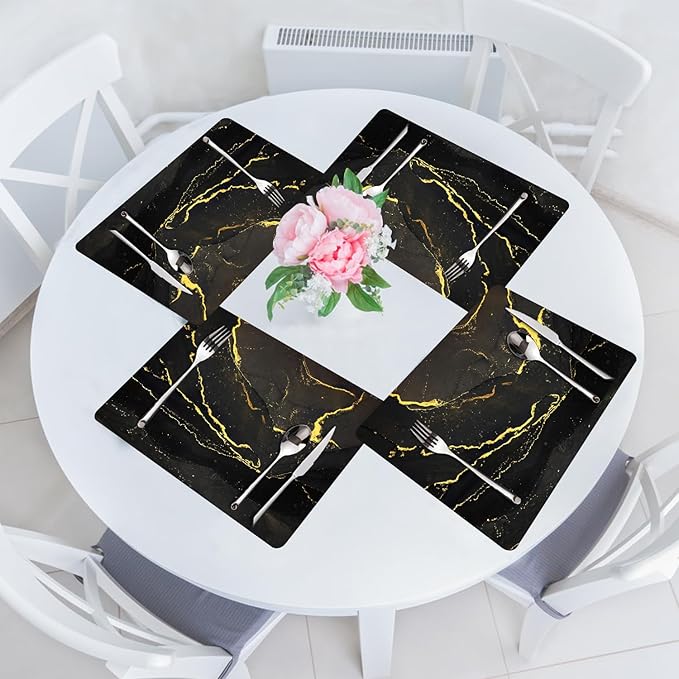 Marble Placemats Set of 4 - Faux Leather Heat Resistant Placemats for Dinner Table, Non-Slip Waterproof Oil-Proof Washable Reusable Placemat for Indoor Outdoor Kitchen Decor, 15.75In*11.81In