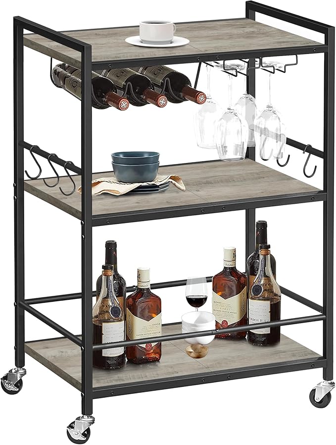 TUTOTAK Bar Cart - Serving Cart for Home - Microwave Cart, Drink Cart, Mobile Kitchen Shelf with Wine Rack and Glass Holder, Rolling Beverage Cart BC01BG030