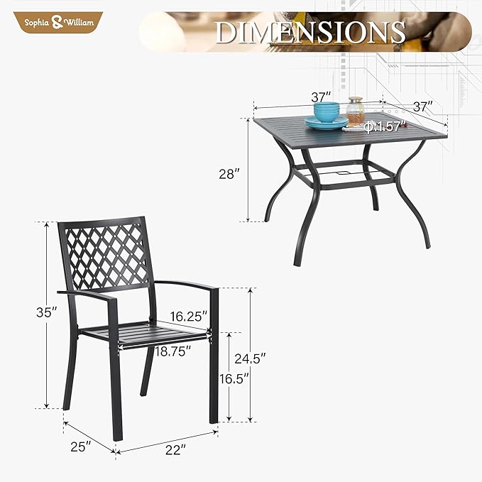 Sophia & William Patio Table and Chairs Set, Outdoor Dining Set for 4, 5 Piece Metal Patio Furniture, 37" Black Square Table(Diamond)