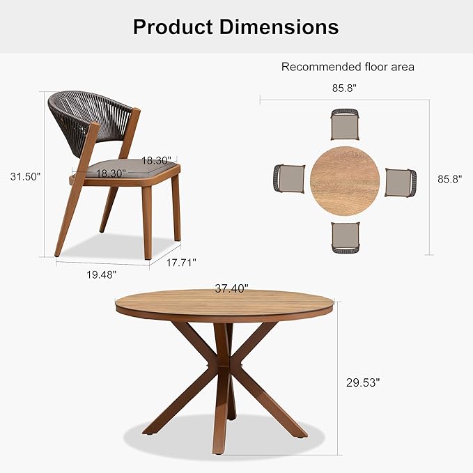 PURPLE LEAF 5 Pieces Outdoor Round Dining Set Patio Table and Chairs for 4 Aluminum Rattan Wicker Patio Dining Set for Lawn Garden Porch Brown