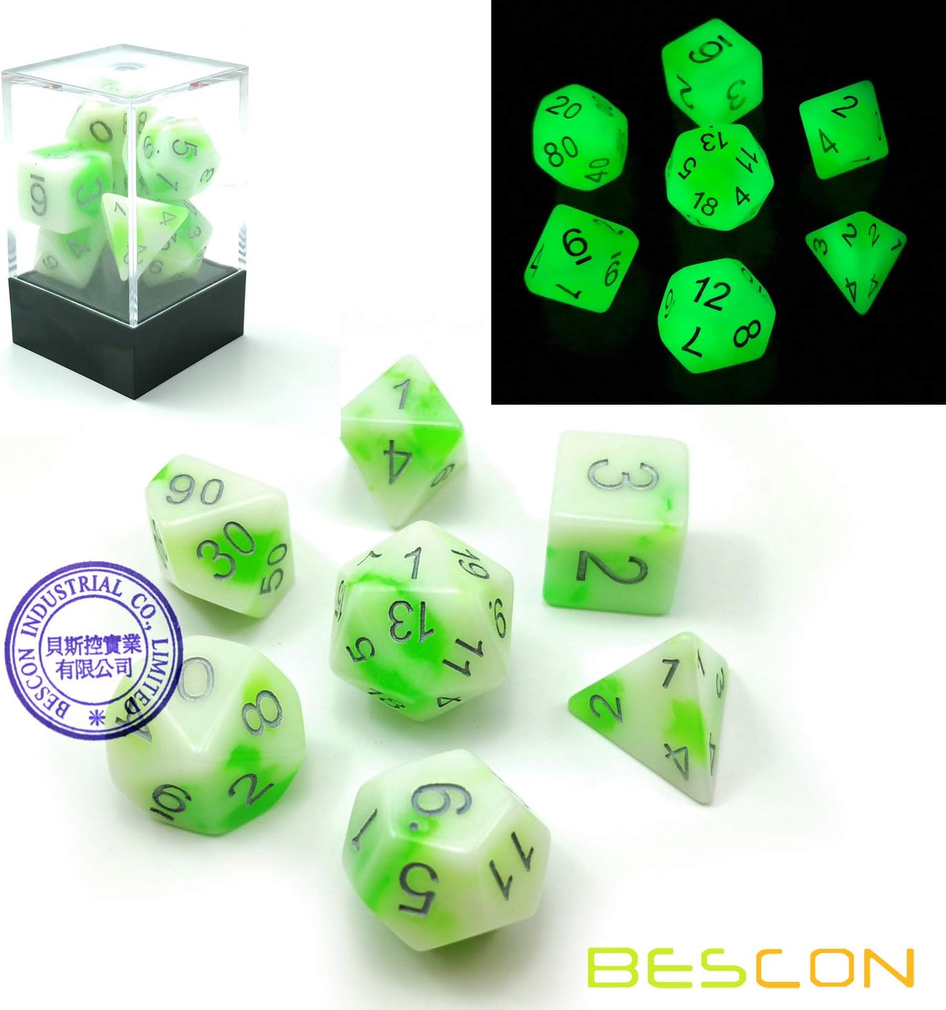 Bescon Glowing Polyhedral RPG Dice Set Luminous Jade, Bescon Glow in Dark Poly Dice Set of 7, DND Role Playing Game Dice
