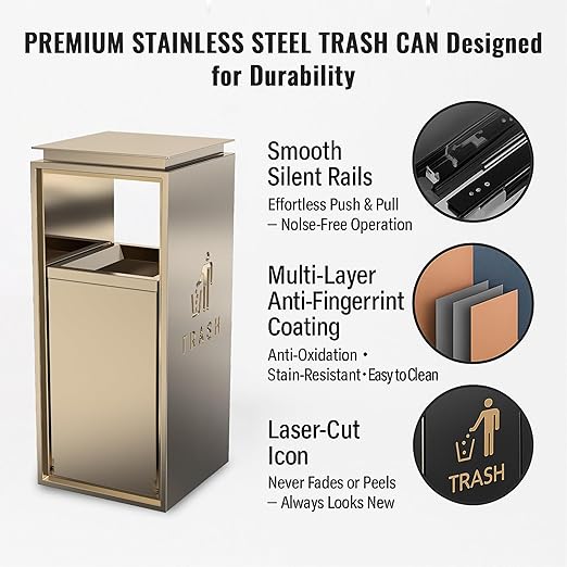 Commercial Trash Can - 42L Heavy Duty Stainless Steel Garbage Bin with Lid & Liner, Fingerprint-Resistant Indoor Outdoor Waste Container for Restaurant,Hotel,Shopping mall,13"x13"x30"