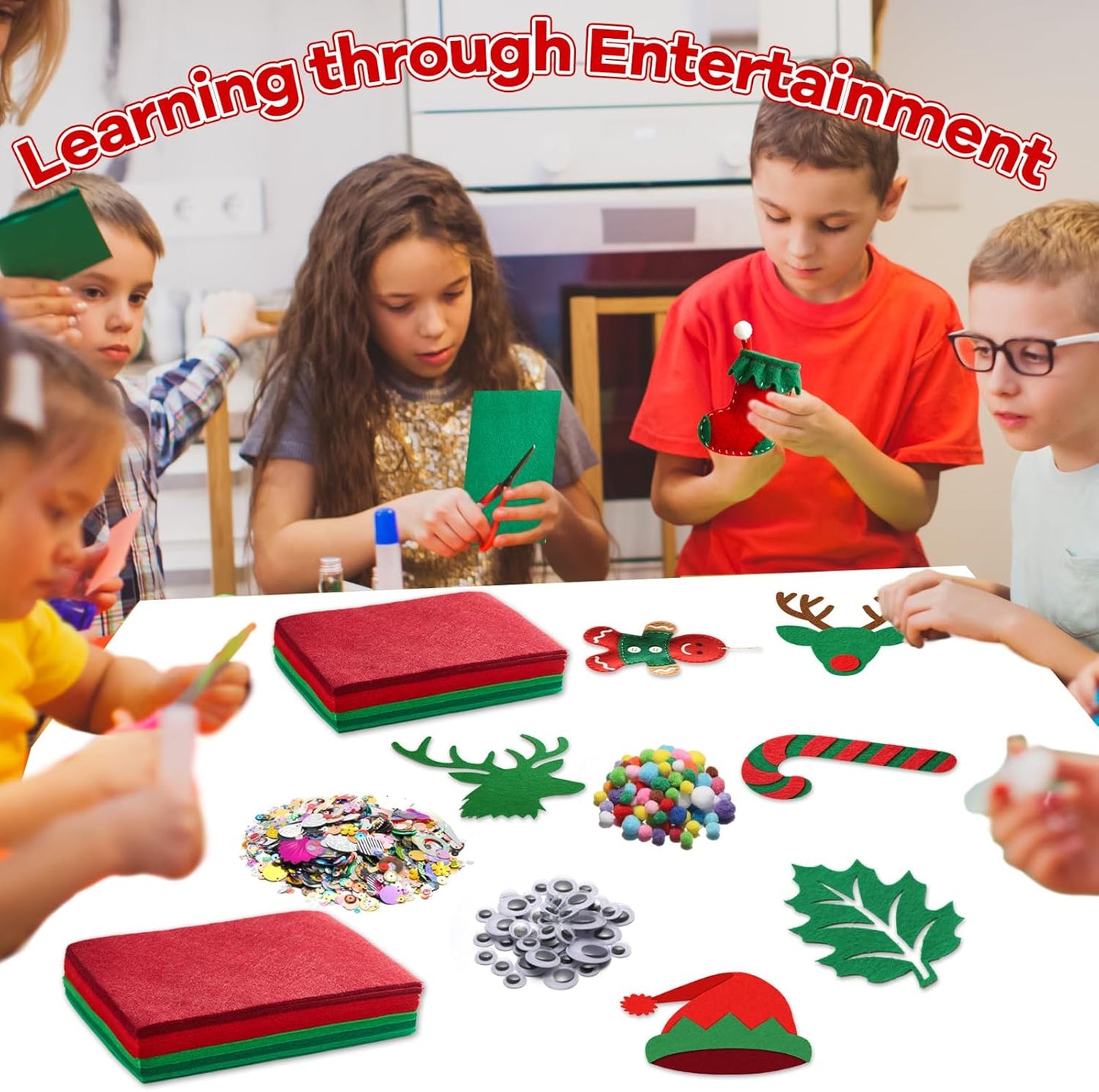 gisgfim 42Pcs Red and Green Gradient Felt Fabric Sheets 8 x 12 Inch Soft Thick Christmas Xmas Felt Pack with Wiggle Google Eye Pom Pom Glitter Patchwork Craft for DIY Sewing Creative Art Project Decor