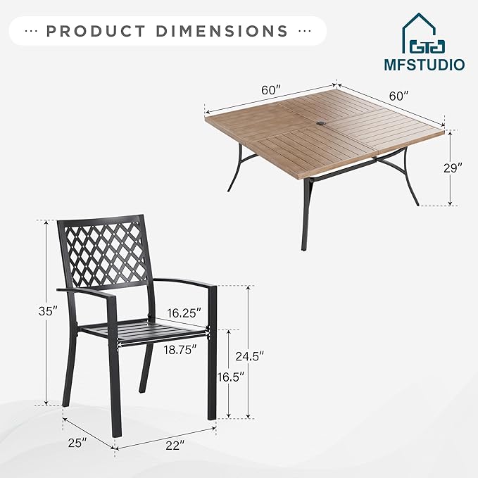MFSTUDIO Patio Dining Set for 8, Metal Patio Table and Chairs Set, Outdoor Dining Set with Umbrella Hole, 9 Piece Outdoor Patio Furniture Set for Deck Backyard Poolside Garden
