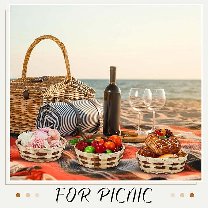 Sintuff 24 Pcs Small Woven Basket Round Bamboo Gift Baskets 6. 5 x 2 Inches Wicker Berry Bread Fruit Basket Empty Food Serving Baskets for Picnic Kitchen Restaurant