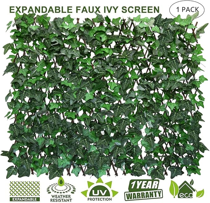 Expandable Fence Privacy Screen for Balcony Patio Outdoor,Decorative Faux Ivy Fencing Panel,Artificial Hedges (Single Sided Leaves) (1, Green-Ivy)