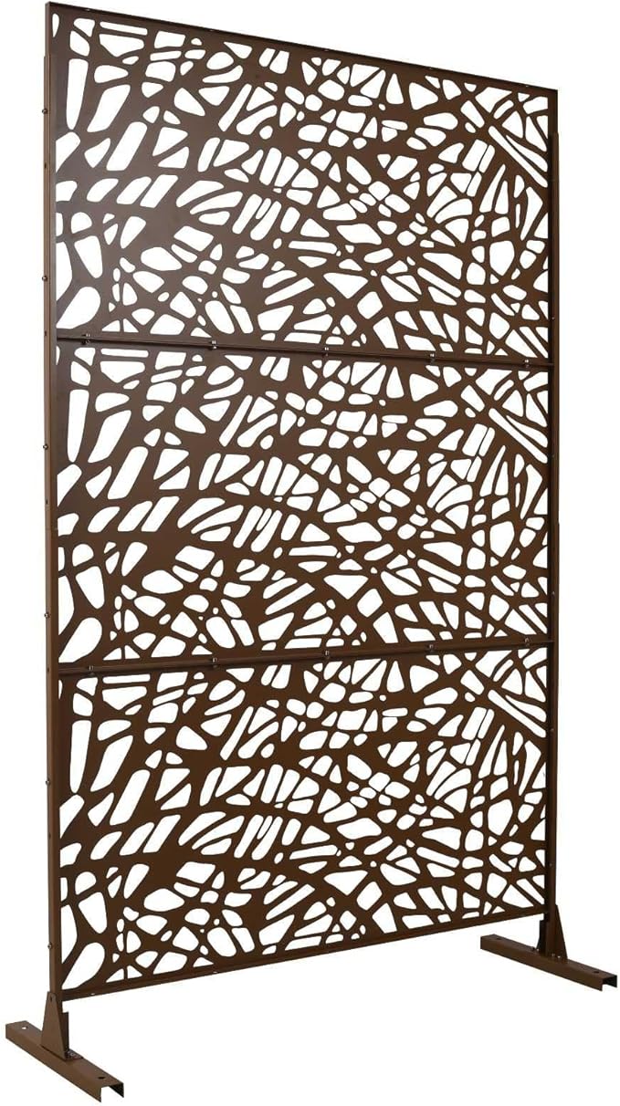 Outdoor Decorative Metal Privacy Screen Panel, 48" L x 16" W x 76" H, Steel Partition for Garden, Patio, and Backyard, Freestanding with Stable Base, Modern Geometric Design, Brown