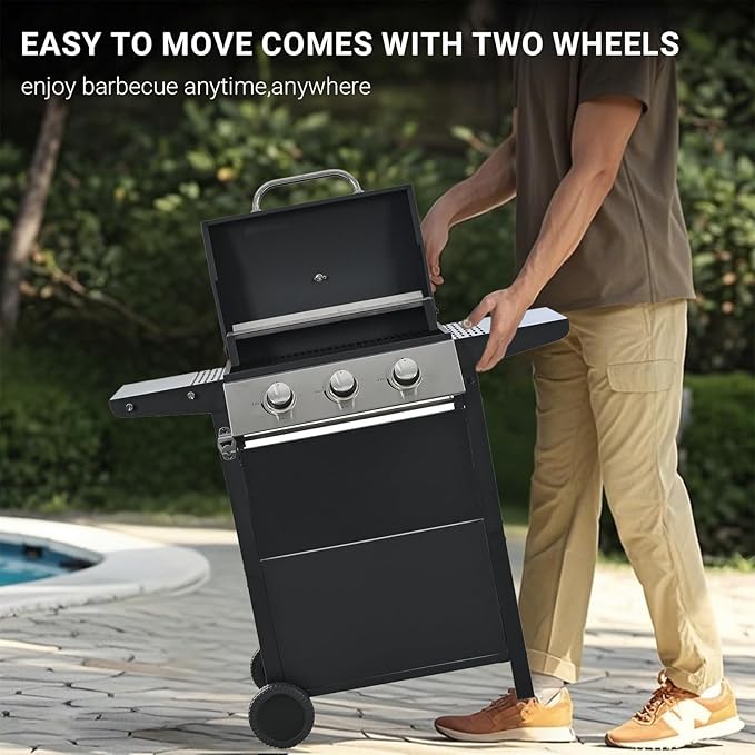 Endark 26,000 BTU 3-Burner Propane Grill with stainless steel design, enamel grates, built-in thermometer, and movable side rack. Ideal for all outdoor cooking