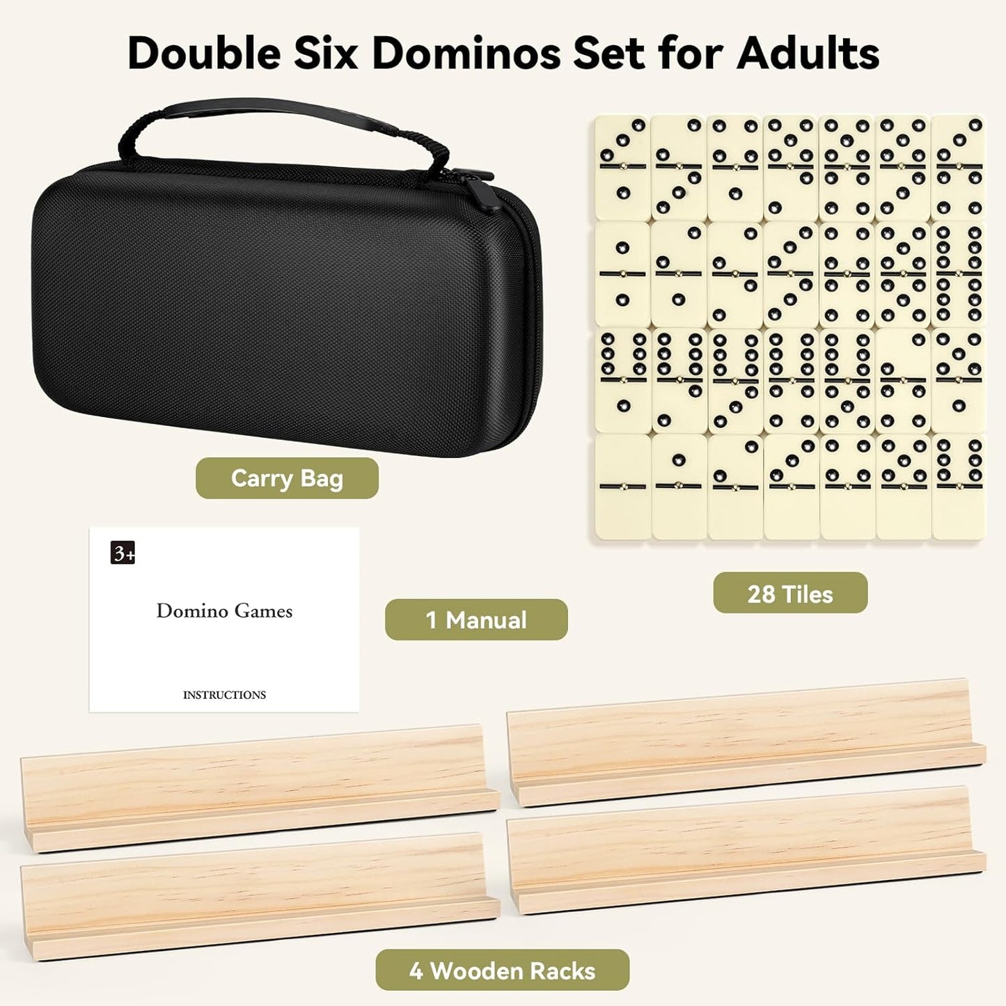 BATURU Double 6 Dominos Set for Adults with 28 Tiles, Durable Dominoes Game Set with 4 Racks and Carry Case, Fun Dominos for Kids, Family Games Night, Travel Games