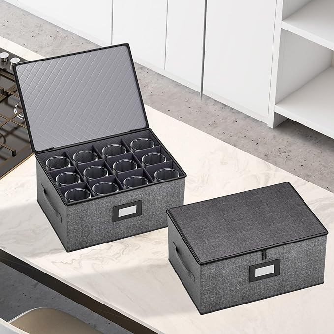 Aokeyee Wine Glass Storage Box Containers with Dividers - 2 Pack Stemware Storage Cases for 24 Crystal Glasses, Drinkware, Hard Shell for Moving & Protection(17'' x 12.8'' x 10.25'', Grey)