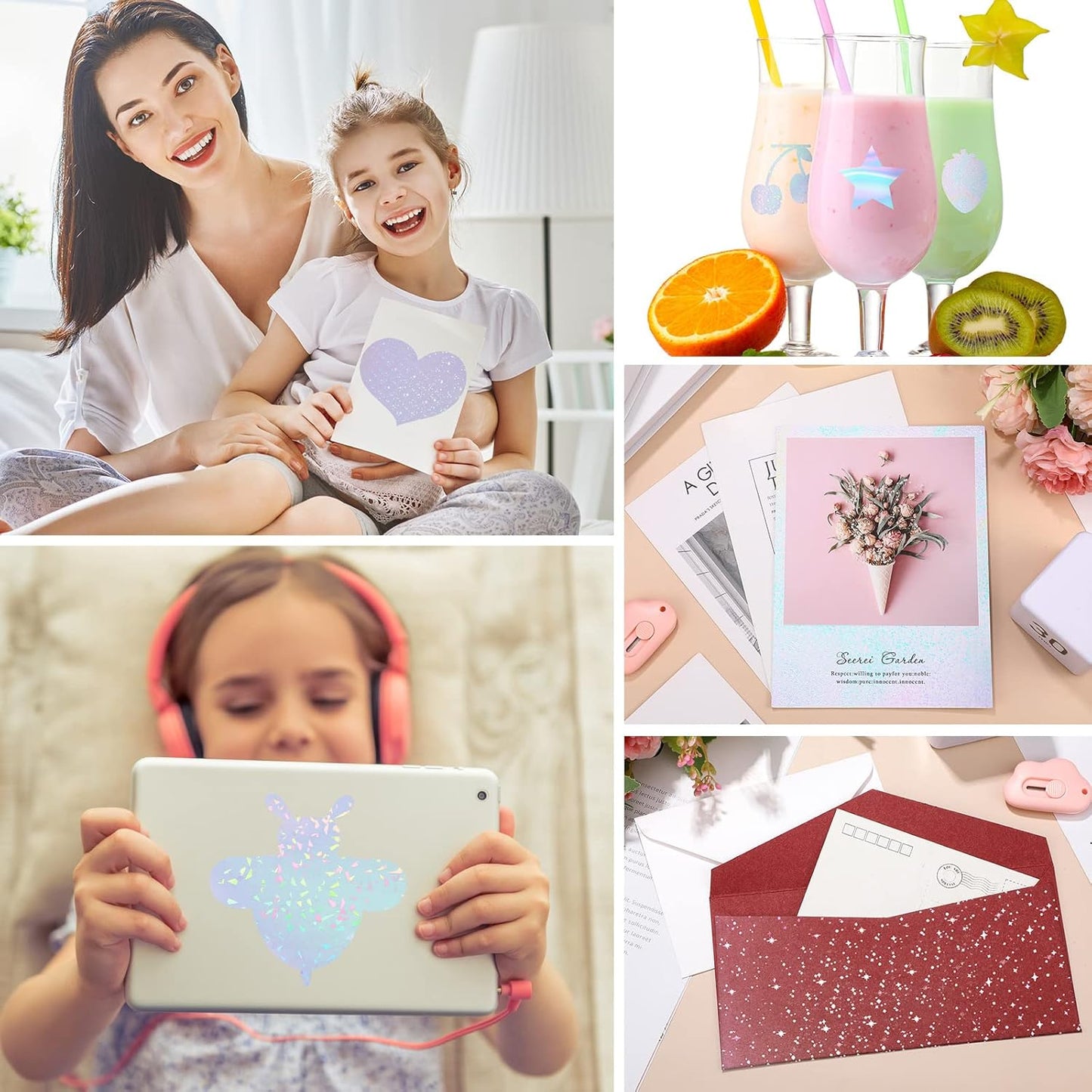 108 Sheets Holographic Sticker Paper Clear A4 Vinyl Sticker Laminate Sheets Adhesive Holographic Overlay Waterproof Transparent Film with Gem, Colorful, Dot, Star, 11.7 x 8.3 Inch