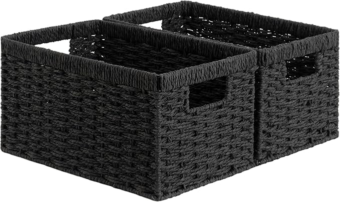 StorageWorks Pantry Baskets, Wicker Storage Baskets for Organizing, Shelves, Pantry Organizers and Storage, Medium, Black, 2-Pack