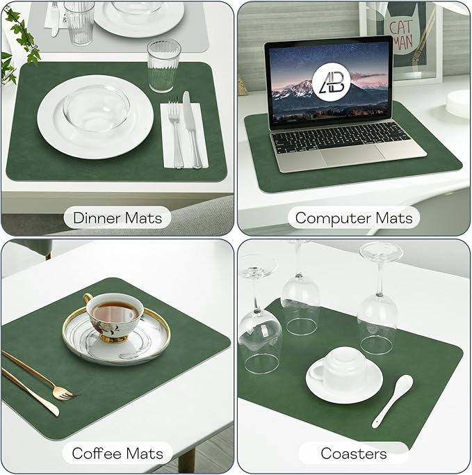 Faux Leather Placemats Set of 6 Table Mats Heat Resistant Reversible Place Mats, Waterproof Wipeable Dining Table Placemats for Home Party Outdoor, 15.8 × 11.8 inches (Green/Grey)