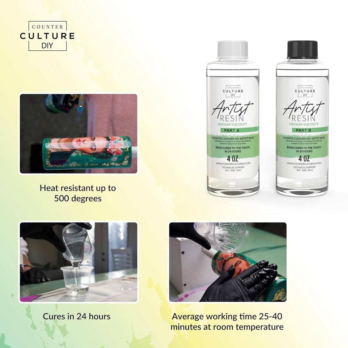 Counter Culture DIY Clear Artist Resin, Medium Viscosity, 8 oz Kit, Art Epoxy Supplies for Metallic Stains Acrylic 100% Solids Easy Coat No VOCs Scratch UV Heat Resistant to 500 Degrees