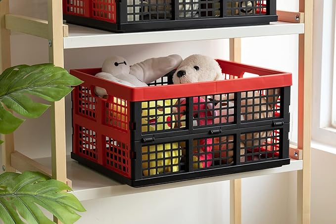 34L Large Plastic Folding Storage Crates,Collapsible Crates for Storage,Pack of 3 (Black+Red)