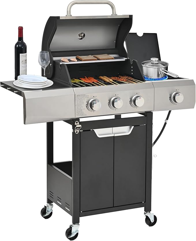 3 Burner Propane Gas Grill with Side Burner & Cover, Stainless Steel BBQ Grill, 40500 BTU Outdoor Gas Grill for Backyard, Patio, Camping & Outdoor Cooking