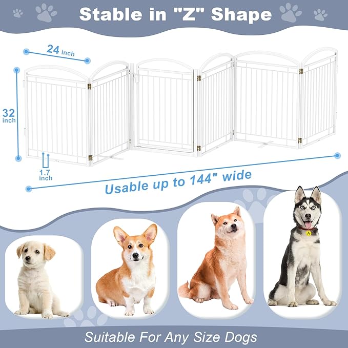 Full Metal Free Standing Dog Gate with Door for Indoor Outdoor, 144'' Extra Wide 32'' Tall Dog Gate for Doorways,Large Openings,Decks,Freestanding Portable Pet Fence(6 Panels,Black)