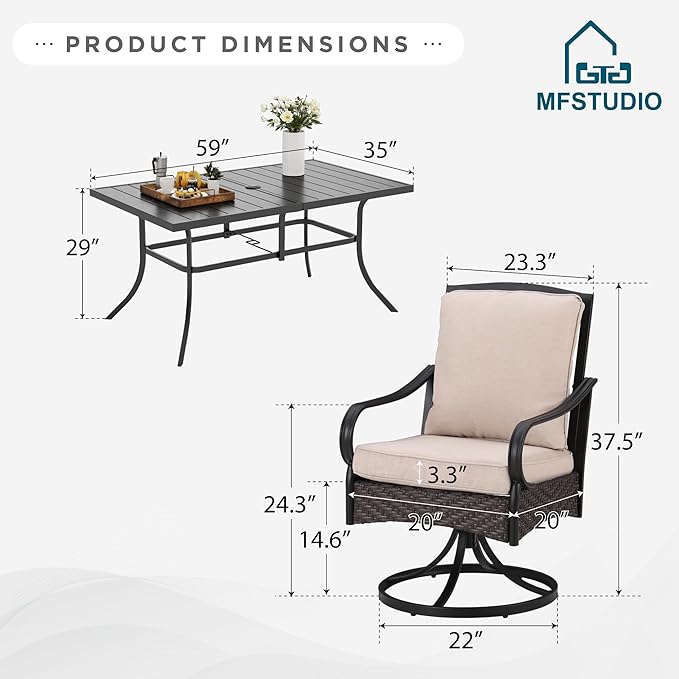 MFSTUDIO 7 Piece Outdoor Patio Dining Sets with Swivel Chairs, Metal Rectangular Table & 6 Swivel Chairs with Cushions, All Weather Patio Furniture Set for 6, Deck, Garden