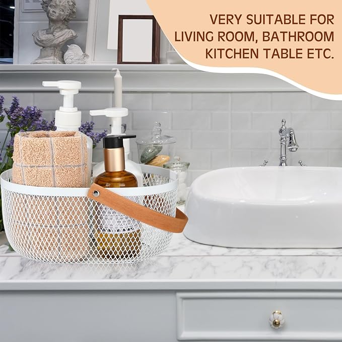 Maxcheck 4 Pcs Oval Metal Wire Storage Basket with Handle for Gathering Vegetables Multi Functional Mesh Basket for Kitchen Bathroom Picnic Home, 10.24 x 7.68 Inch(White)