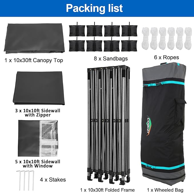 COBIZI 10x30 Pop up Canopy Tent 10x30 Canopy with 8 Sidewalls Waterproof Heavy Duty Commercial Tent for Parties Outdoor Garden Gazebo, Carry Bag with Wheel(10x30ft, Black)