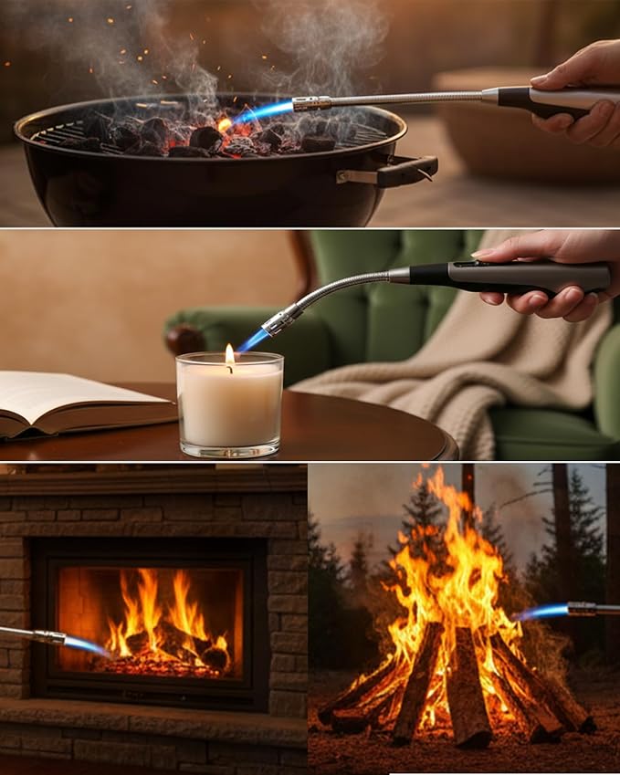 Butane Lighter Long Jet Flame Lighter, Refillable Torch, 360° Flexible Neck, Windproof Jet Flame, Visual Fuel Window, for Fireplace Kitchen Grill BBQ Camping Candle(No Butane Included)