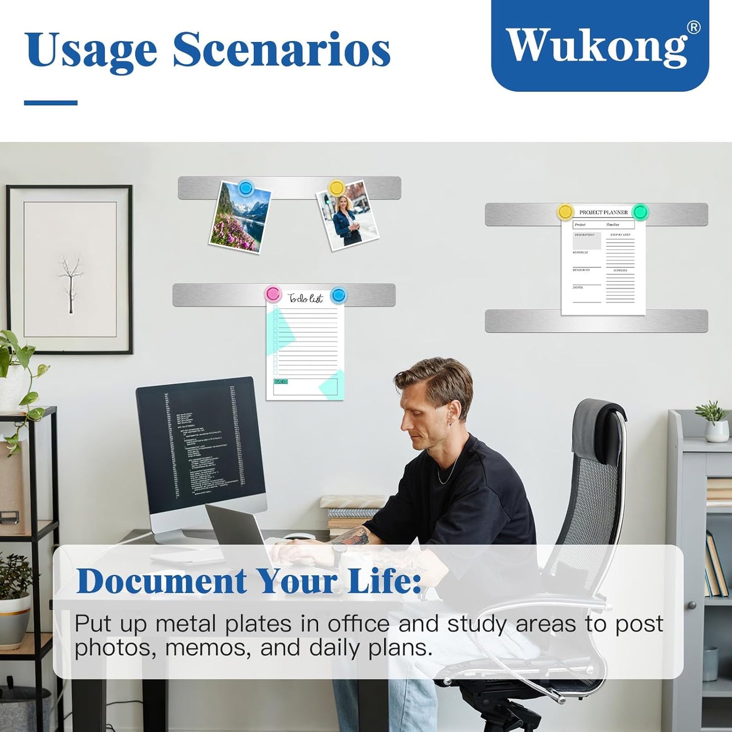 Wukong 10 Pack | 30x3cm(11.81 x 1.18) Magnetic Stainless Silver Boards Strips, Adhesive Backing Bulletin Bar Board, Memo Board with 32Pcs Colorful Magnets for Office, Home, Photo Wall, Documents