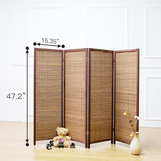4 Panel Short Room Divider Screen,Brown Freestanding Partition,Small Bamboo Panel Divider for Room Seperation,3.95 FT Tall