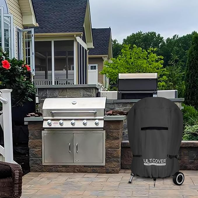 ULTCOVER Outdoor Waterproof Charcoal Kettle Grill Cover for Most 26 inch Round Smoker Size Up to 33” Dia x 38” H, Black