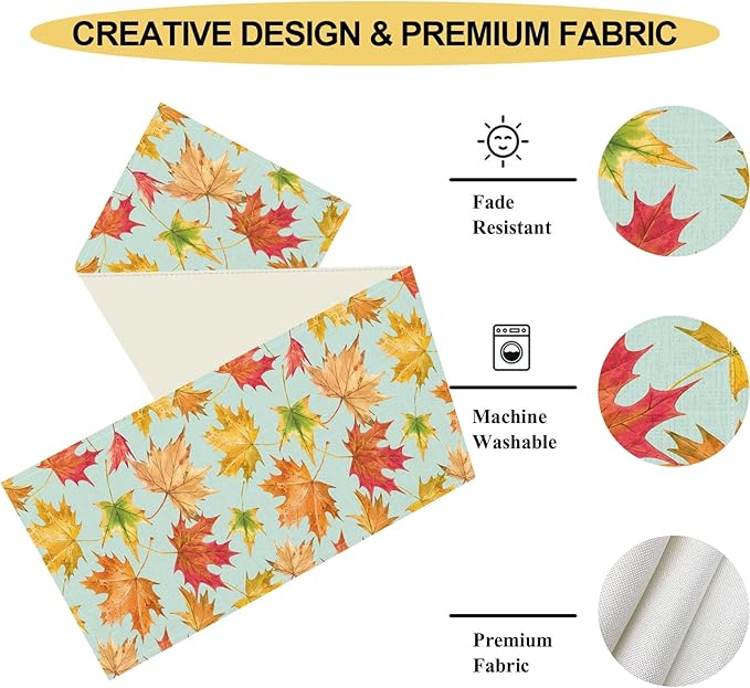 Fall Table Runner, Farmhouse Seasonal Autumn Maple Leaves Harvest Thanksgiving Country Coffee Table Center Decor for Home Kitchen Dining Patio Holiday Party Indoor Outdoor Decorations, 13"x72" Inch
