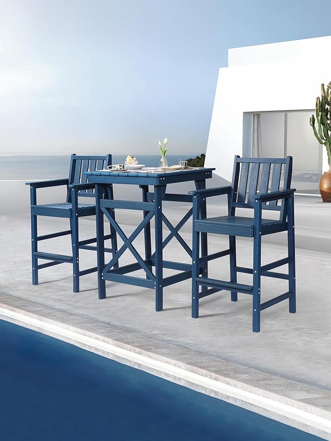 3-Piece Adirondack Chairs and Table Set, HDPE Outdoor Bar Sets, All Weather Outdoor Bar Stools Set, HDPE Adirondack Bar Height Chairs and Bar Table for Balcony, Bistro, Poolside, Navy