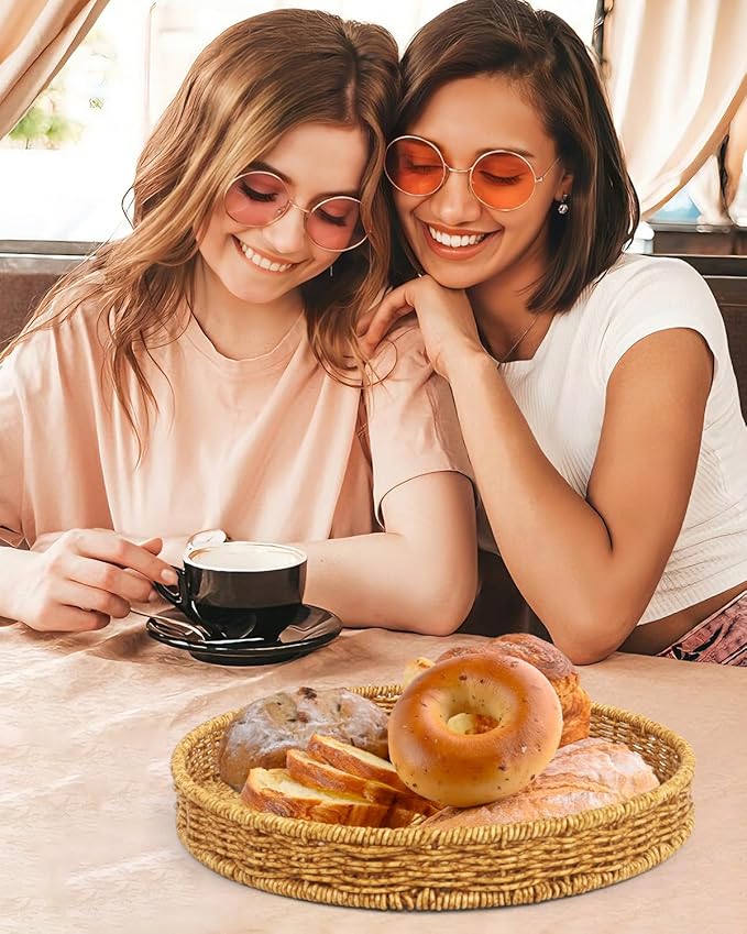 Woven Bread Basket, 3 Pack Wicker Fruit Baskets Rattan Bread Basket Poly Wicker Bread Baskets With Handles For Food Serving, Display, Vegetables, Home Kitchen, Restaurant, Outdoor (Round set)