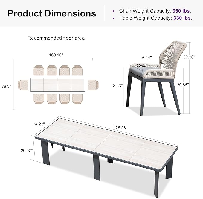 PURPLE LEAF 11 Pieces Patio Dining Set Aluminum Rectangular Table and Wicker Chairs with Cushions for Kitchen Porch Garden Modern Outdoor Furniture Sets, Beige and Dark Grey