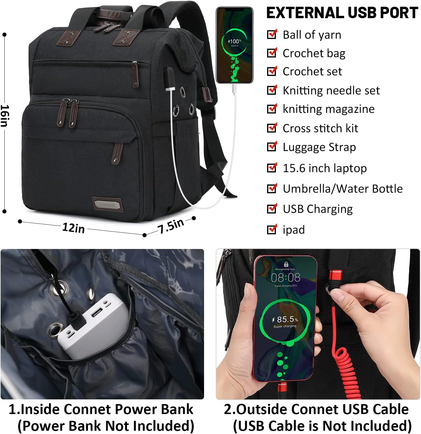 Crochet Backpack,Knitting Bag Backpack Yarn Storage Organizer Travel Crochet Bag with USB Charging Port,Yarn Tote Bag Yarn Holder Case for Knitting Needles, Crochet Hooks,Crochet Accessories,Black