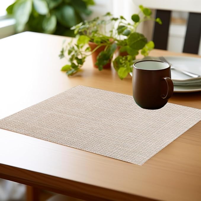 PIGCHCY Beige Placemats Set of 6 Vinyl PVC Durable Place Mats for Dining Table,Heat Resistant Non-Slip Woven Tabel Mats (18x12 inches, Beige)