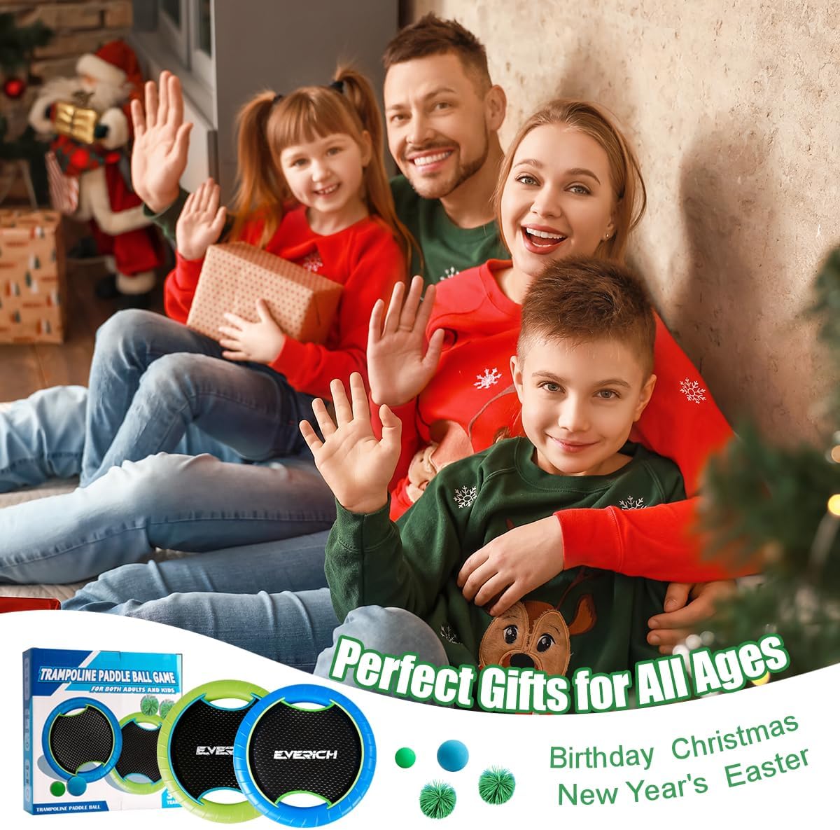 EVERICH TOY Trampoline Paddle Ball Set with 2 Bouncy Paddles & 4 Balls - Soft Foam Design for Kids Play Indoor Outdoor Beach Backyard Lawn - Great Gift Idea for Boys & Girls