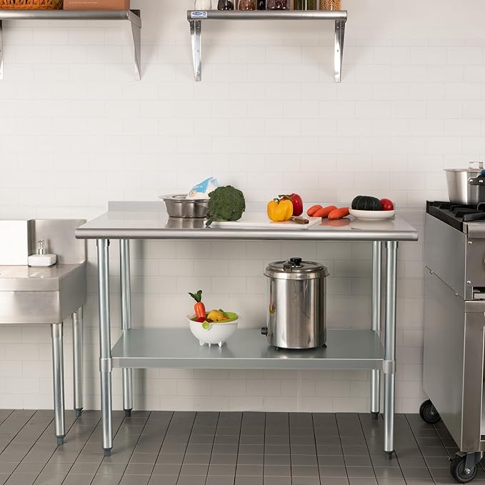 HARDURA Stainless Steel Table Prep & Work Table 24 x 48 Inches NSF Heavy Duty Commercial with Undershelf and Backsplash for Restaurant Kitchen Home and Hotel