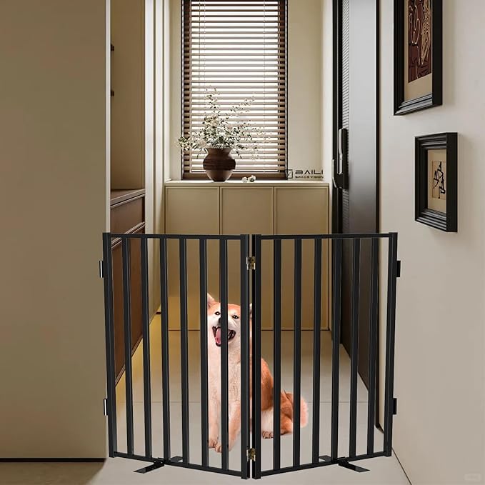 Full Metal Freestanding Dog Gates, 32" Height Pet Gates for Indoor & Outdoor, Extra Wide Foldable Dog Fences for Stairs, Hallways, Doorways, Yard (2 Panels, 40" W × 32" H)