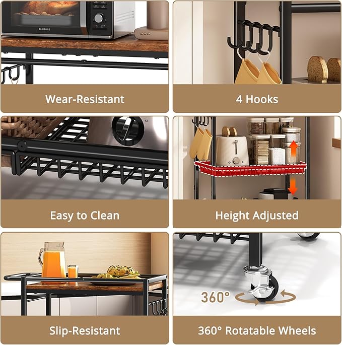 Microwave Kitchen Cart with Push Handle, 3 Tier Rolling Cart with 2 Lockable Wheels, Vintage Kitchen Storage Cart with 210Lbs Capacity for Kitchen Island, Restaurant, Coffee Bar, Living Room, Office