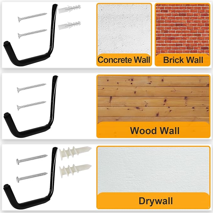 KURUI Heavy Duty Kayak Storage Rack, 100 LB (15") Wall Mount Hooks for Hanging Indoor/Outdoor, 8 Pack Large Garage Hooks for Ladder Kayaks Surfboards, Black Organization Hangers, Kayak Accessories