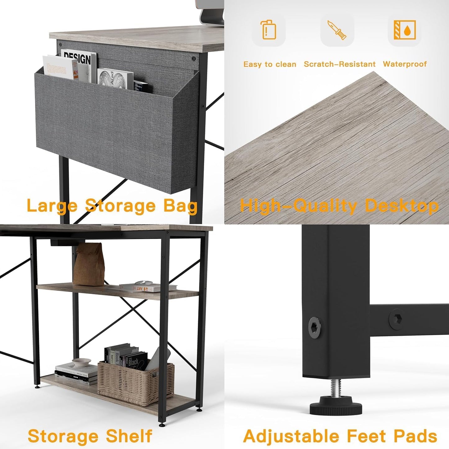 TIQLAB L Shaped Computer Desk with Power Outlets, 40 Inch Small Corner Desk with Reversible Shelves, Gaming Desk Computer Table Study Writing Desk for Home Office Small Space, Gray