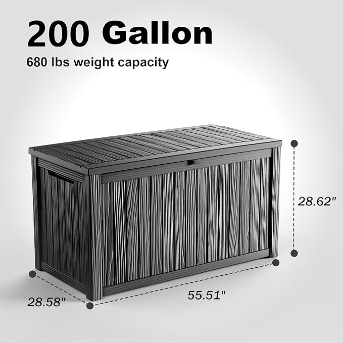 200 Gallon Waterproof Outdoor Storage Box,Resin Deck Box,Lockable Outside Storage Box Container for Patio Furniure,Garden,Tools (200 Gallon,Black)