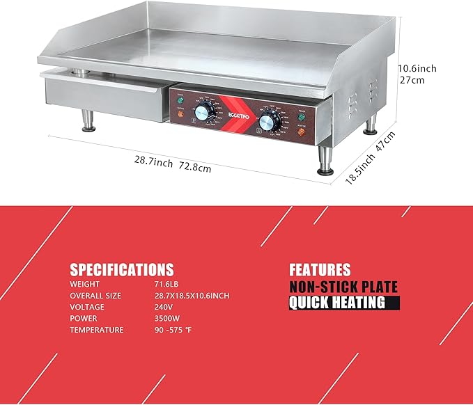 EGGKITPO Commercial Electric Griddle 29 Inch Large Countertop Griddle Non-Stick Flat Top Grill Stainless Steel Teppanyaki Griddle with Adjustable Temperature 90℉-575℉ for Restaurant Use 240V 3500W