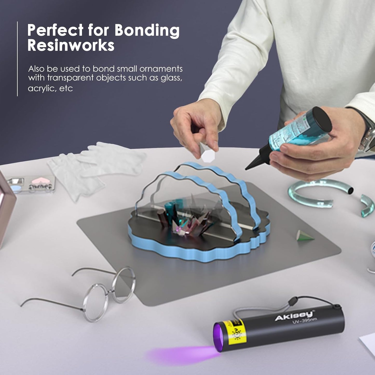 UV Resin Kit with Light, 100g UV Resin with Rechargeable 395NM UV Flashlight, Fast Curing in Seconds, UV Glue Adhesive for Bonding Jewelry, Plastic, Glass Repair, w/Mat, Gloves, Storage Bag